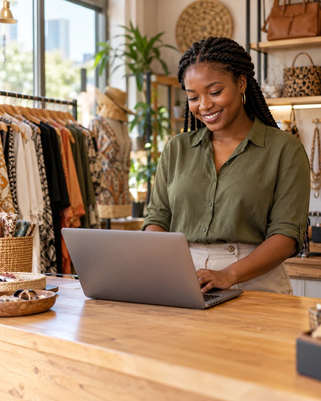 A boutique owner working on her laptop at the shop counter